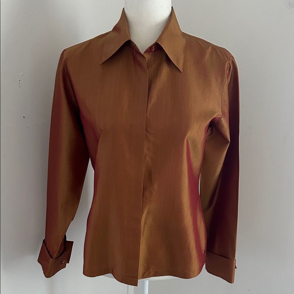 Express Shiny Gold/Copper Raw Silk Blouse sz 5/6 (M) - Picture 1 of 8